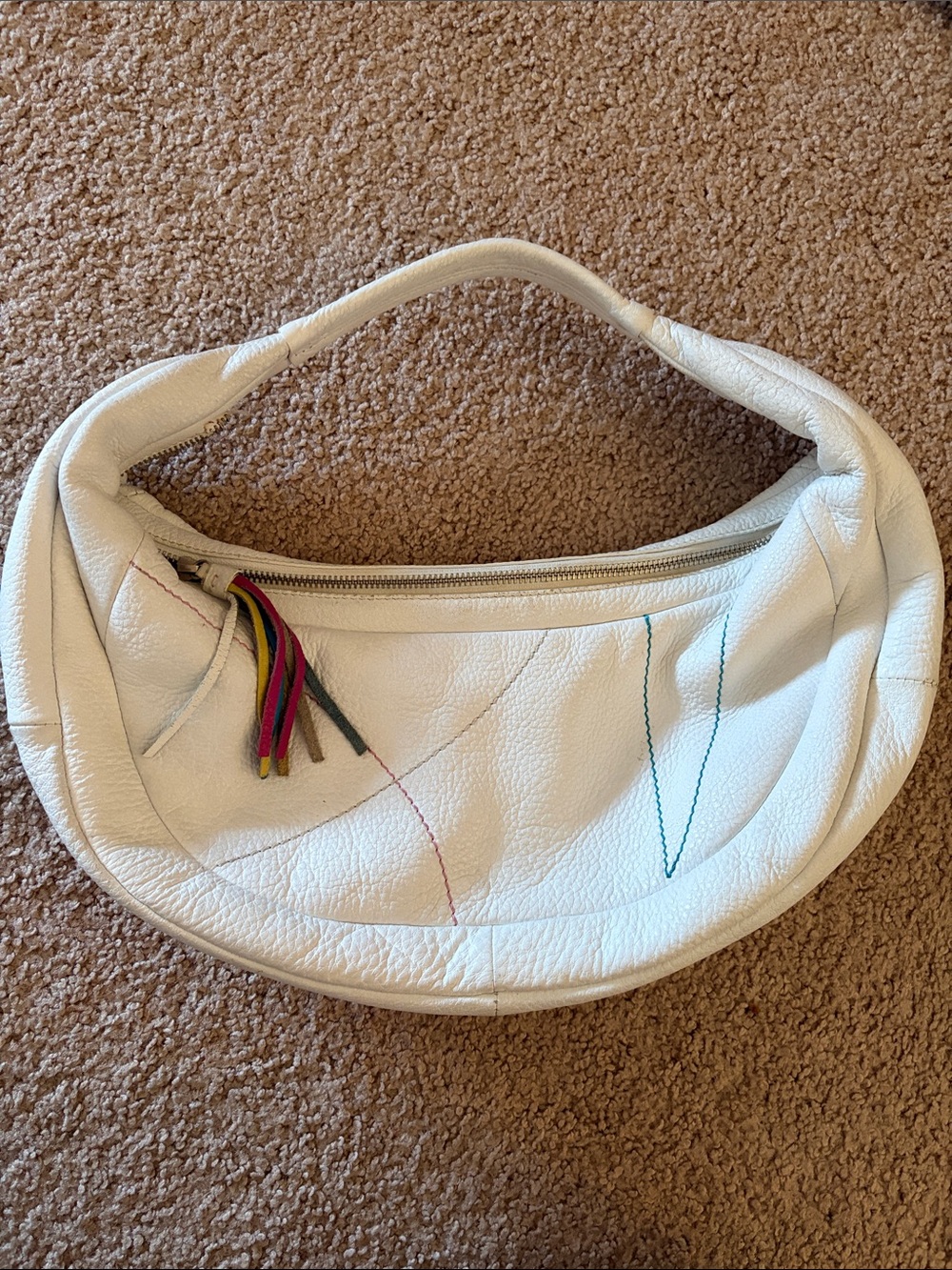 Elliott Lucca White Leather Hobo with Multicolor Stitching and Tassel